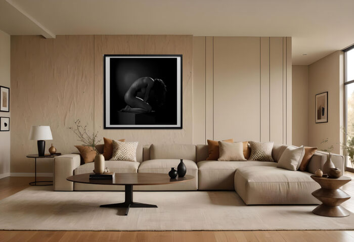 Grace in Solitude: A Captivating Black and White Nude Art Print for Elegant Interiors