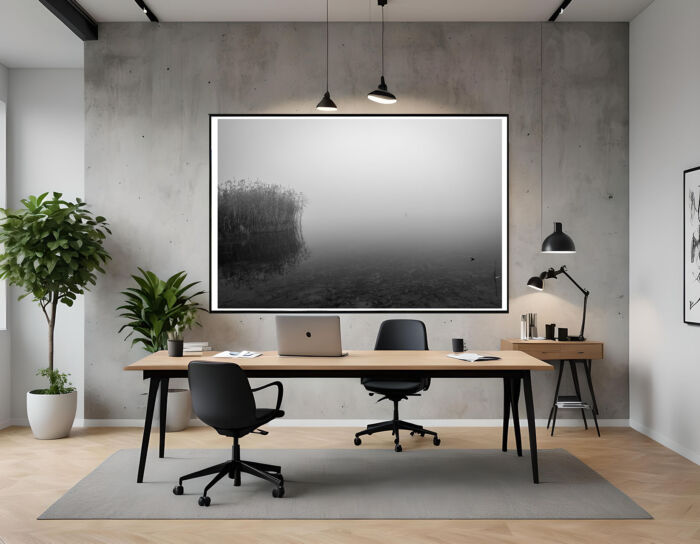 Serenity in the Mist: Black and White Foggy Lake – Buy Art Prints for a Calm and Minimalist Interior