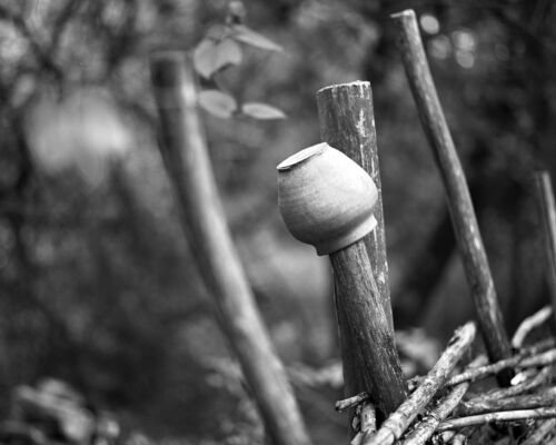 Guardian of Traditions: Ukrainian Clay Jug on Ancient Fence - Fine Art Black and White Photography