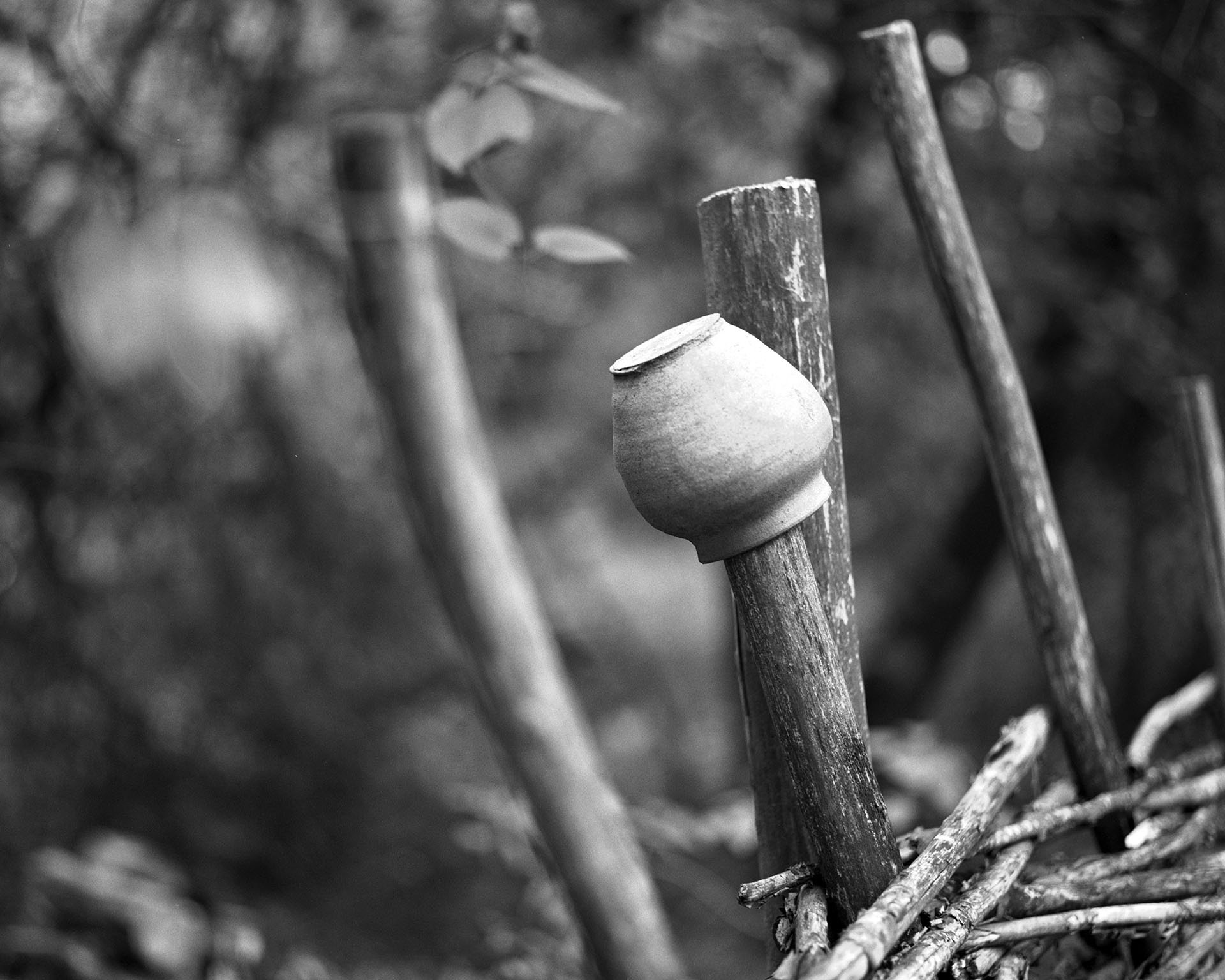 Guardian of Traditions: Ukrainian Clay Jug on Ancient Fence - Fine Art Black and White Photography