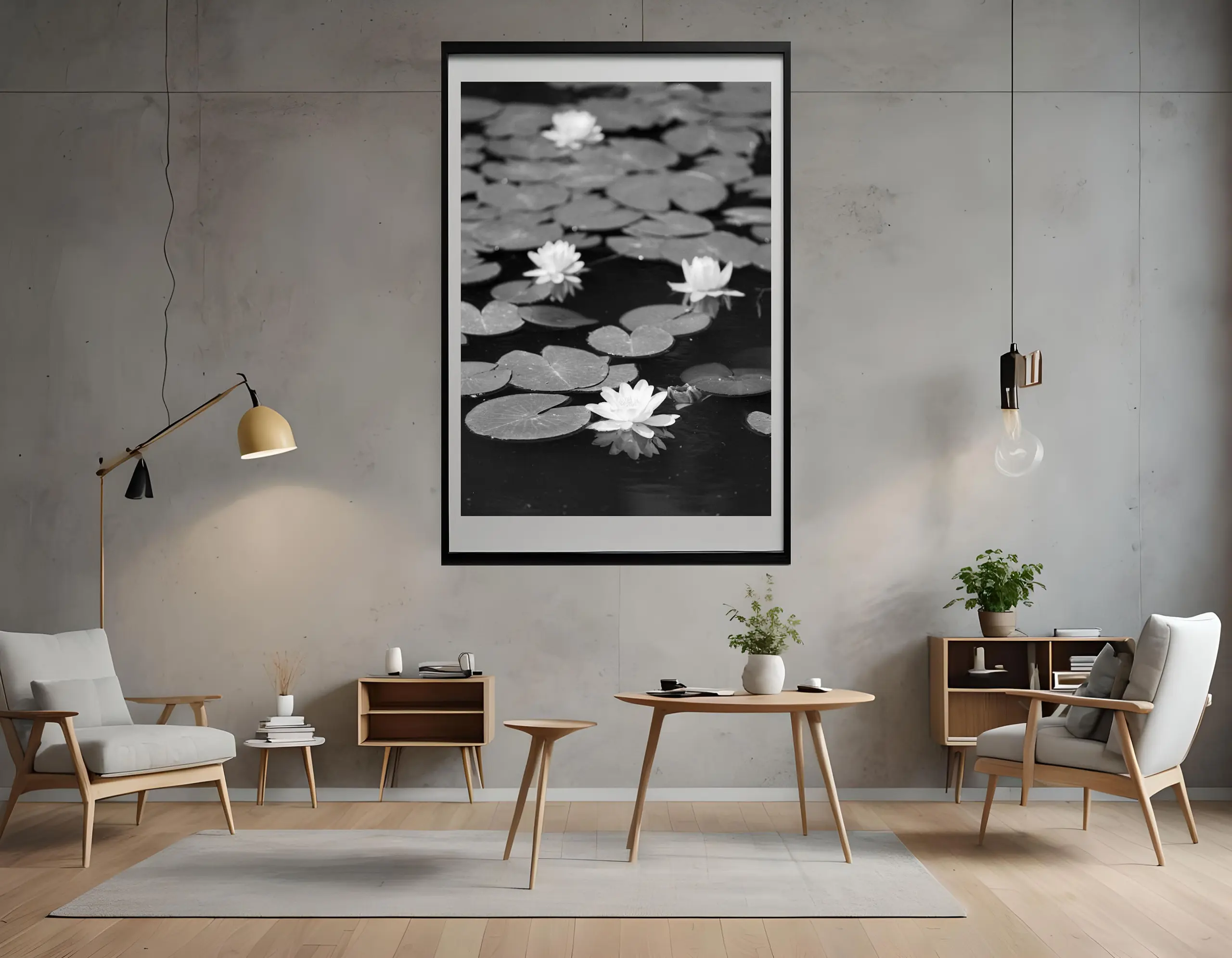 Serene Water Lilies in Monochrome - Classic Black and White Photography